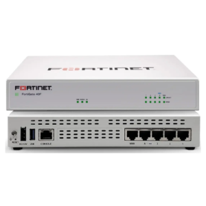 Frente e traseira do firewall Fortinet FortiWiFi 40F, mostrando os indicadores de status, portas de rede RJ45, porta console, USB e entrada de energia.