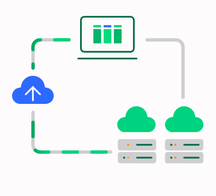Diagrama de fluxo de dados em nuvem e servidores, representando backup e sincronização de dados.