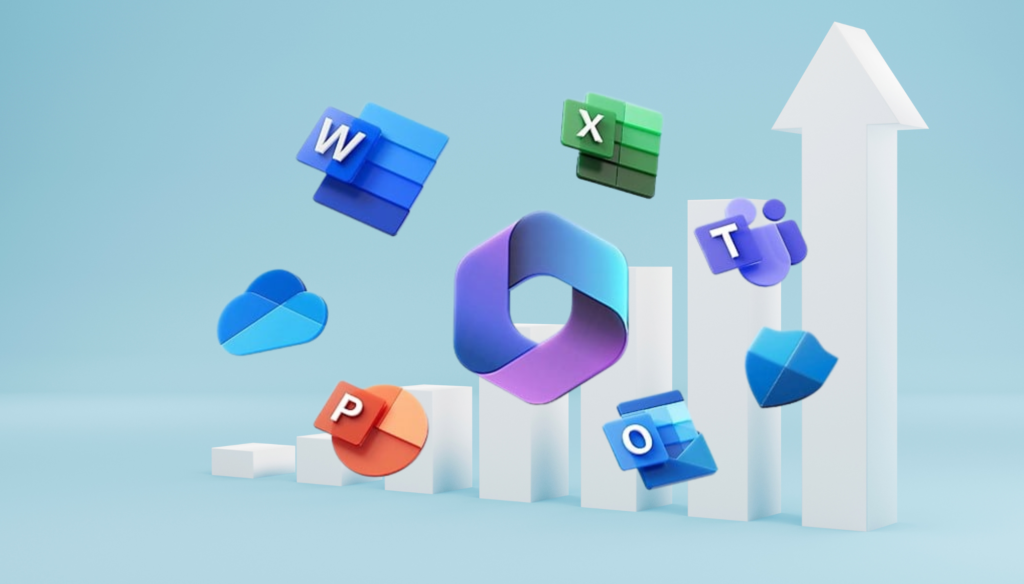 Ícones flutuantes do Microsoft 365 com gráfico de barras ascendente ao fundo para análise de reajuste de preços.