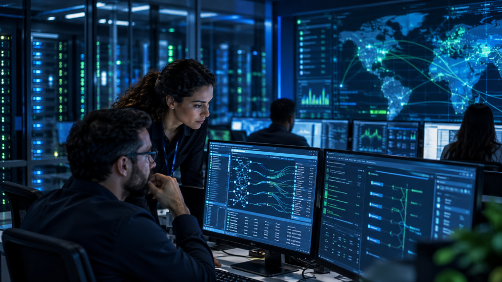 Equipe de TI monitora firewall para empresas e segurança da rede